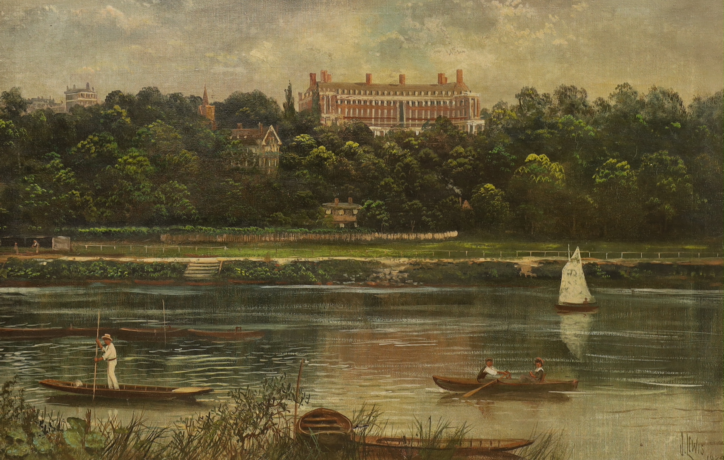 James Isaiah Lewis (1860-1934) oil on canvas, Thames boating scene, signed and dated 1924, 75 x 49cm